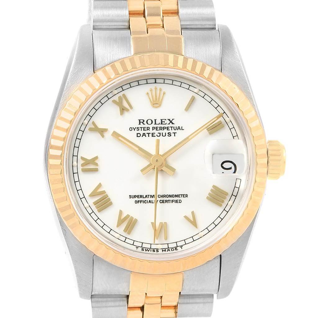 This image shows the front face and bracelet of a Rolex Mid-Size 68273 Women's Steel and Gold (two tone) White Dial 68273 Women's Steel and Gold (two tone) White Dial Datejust watch, highlighting the dial, bezel, and two-tone band.
