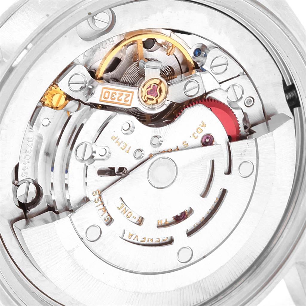 The image shows the internal movement mechanism of a Rolex Mid-Size 77080 Women's Stainless Steel Black Dial 77080 Women's Stainless Steel Black Dial watch from a close-up, top-down angle.