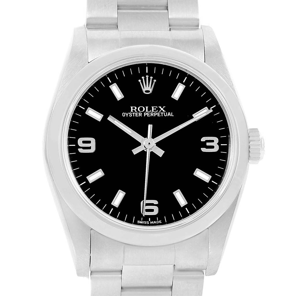 This image shows a front view of a Rolex Oyster Perpetual Mid-Size watch, highlighting the black dial, crown, and stainless steel bracelet.