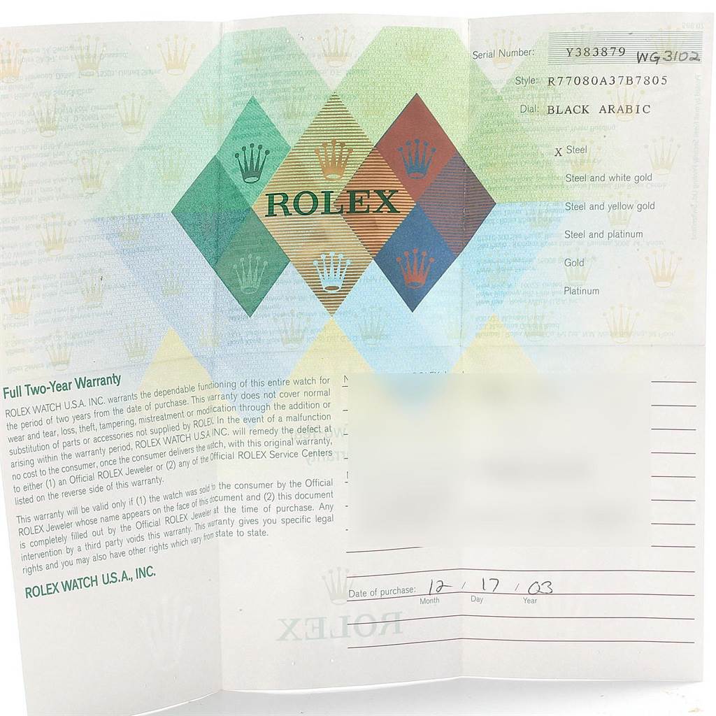 This image shows a warranty card for a Mid-Size Rolex watch model, including details like the serial number, style, and purchase date.