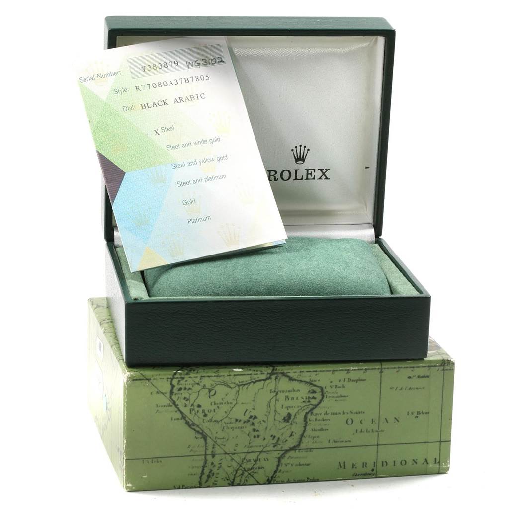The image shows a Rolex Mid-Size 77080 Women's Stainless Steel Black Dial 77080 Women's Stainless Steel Black Dial model watch box with a certificate inside an open green box.