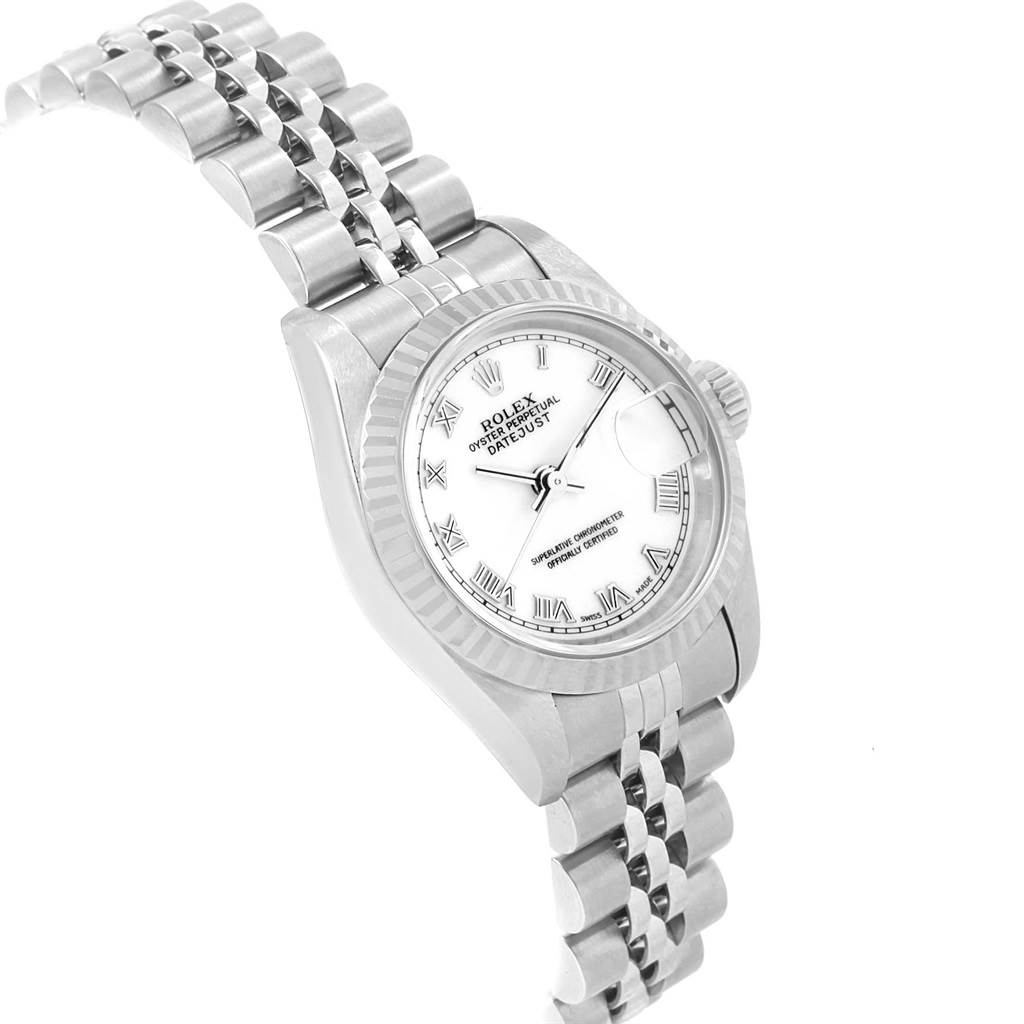 The image shows a Rolex Mid-Size 69174 Women's Stainless Steel White Dial 69174 Women's Stainless Steel White Dial Datejust watch at a slight angle, highlighting the face, bezel, and bracelet.