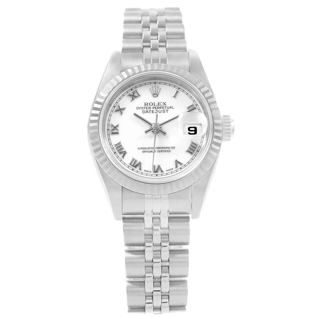 The image shows a front view of a Rolex Mid-Size 69174 Women's Stainless Steel White Dial 69174 Women's Stainless Steel White Dial Oyster Perpetual Datejust watch, highlighting its dial, bezel, and bracelet.