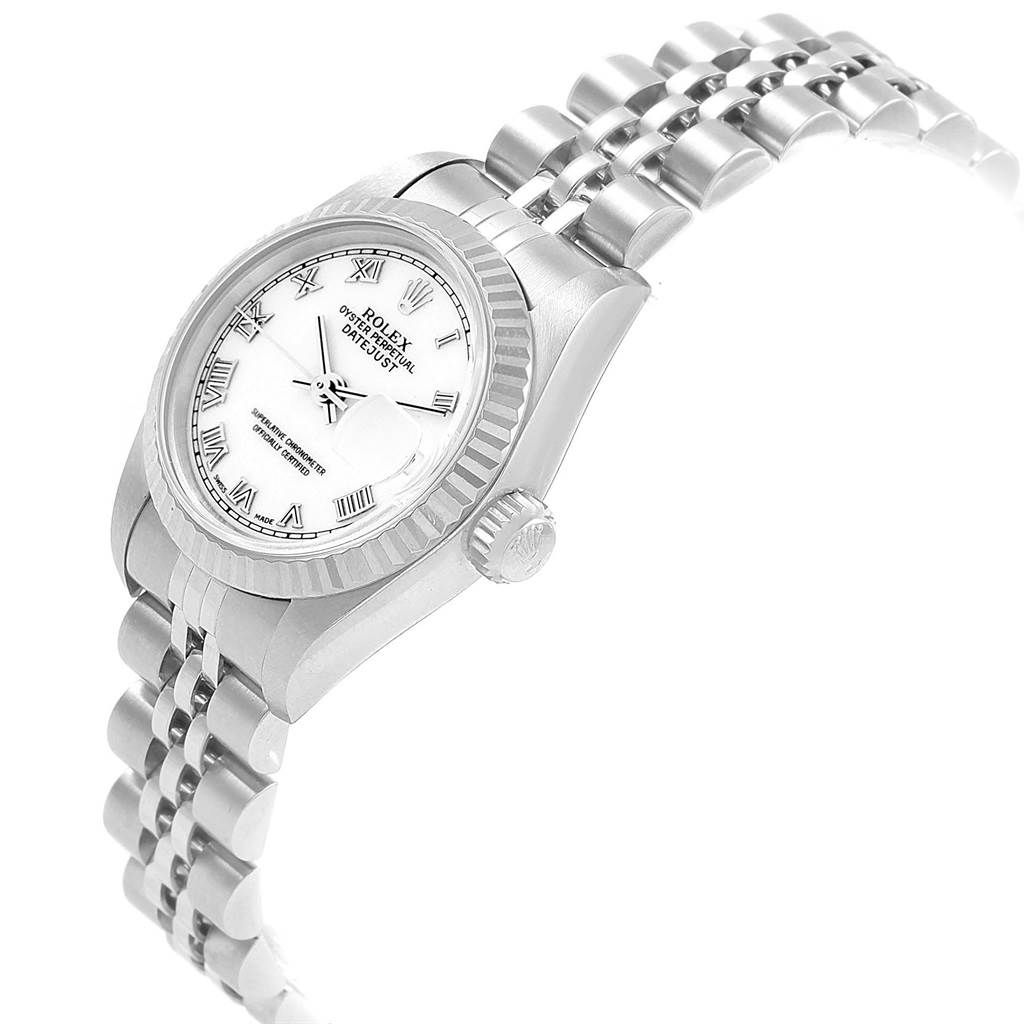 This image shows a side and partial front angle of a Mid-Size Rolex watch, showcasing the dial, crown, case, and bracelet.
