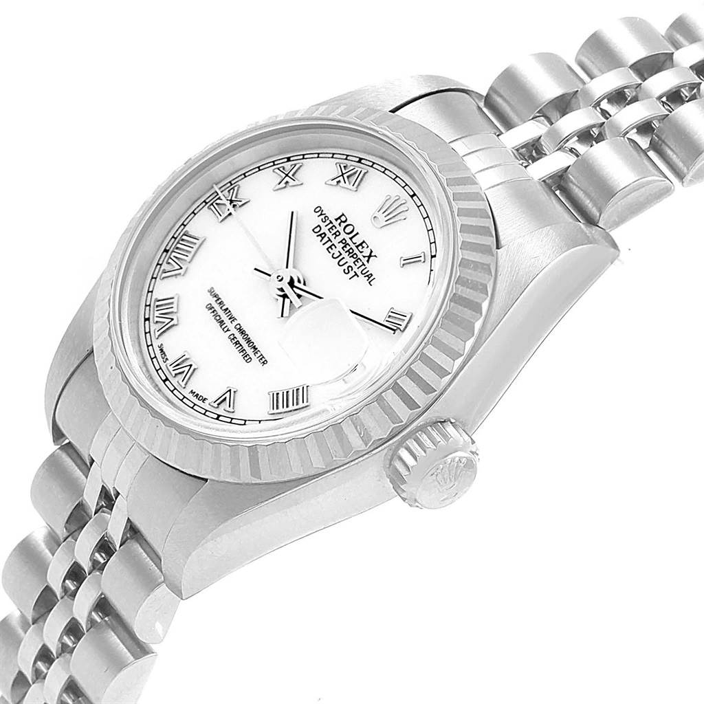This image shows a close-up side view of a Rolex Mid-Size 69174 Women's Stainless Steel White Dial 69174 Women's Stainless Steel White Dial Datejust watch, highlighting the bezel, dial, and part of the bracelet.