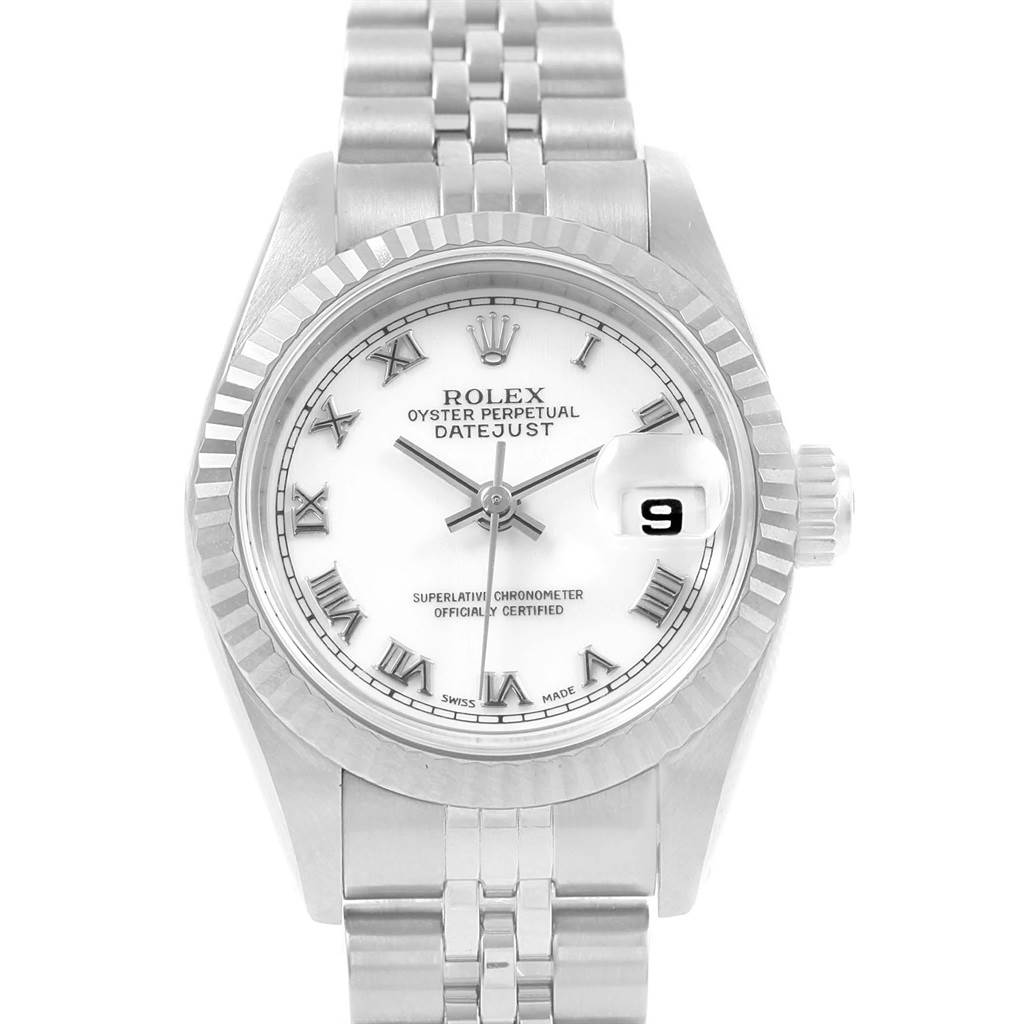 The image shows a frontal view of a Rolex Datejust Mid-Size watch, highlighting the dial, bezel, crown, and bracelet.