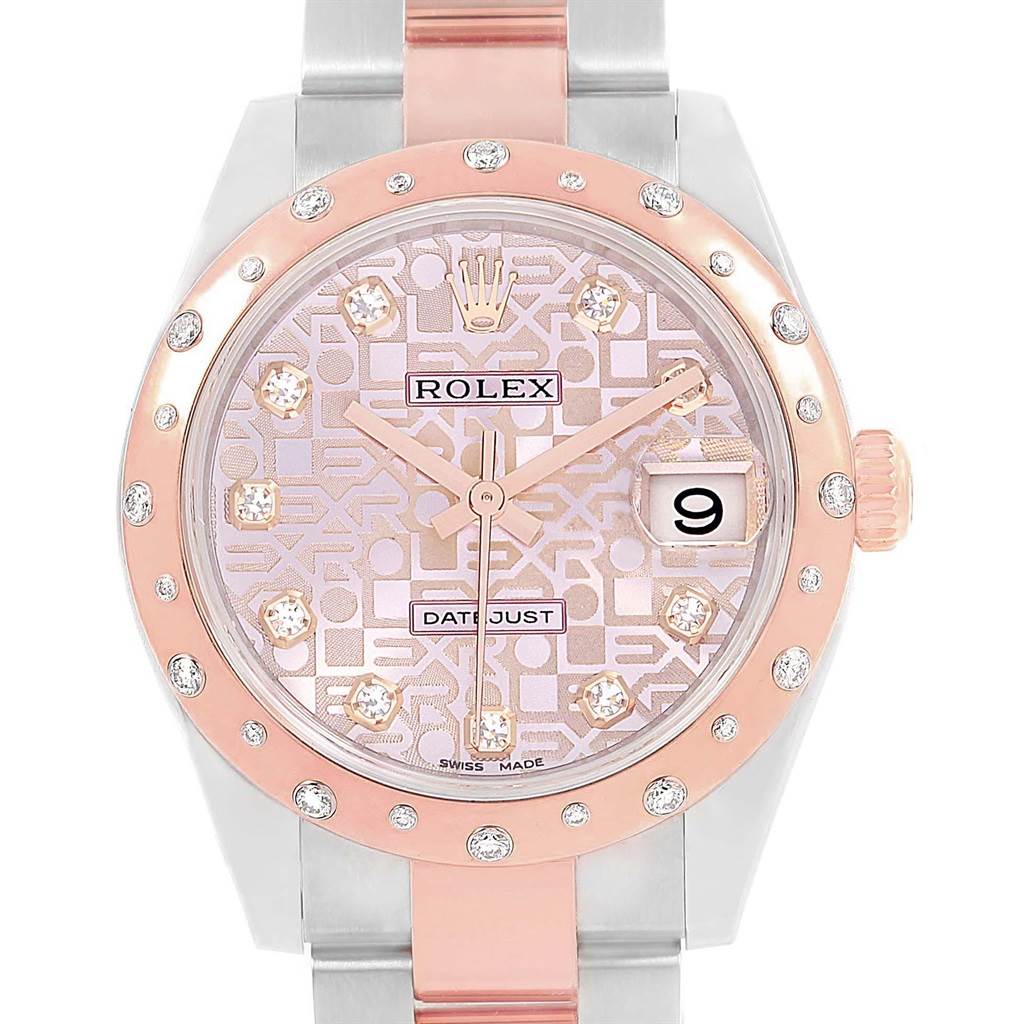 This image shows the front view of a Rolex Mid-Size 178341 Women's Steel and Gold (two tone) Pink Dial 178341 Women's Steel and Gold (two tone) Pink Dial Datejust watch, highlighting its pink dial, date window, and diamond bezel.