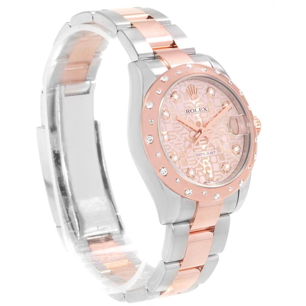 The image shows a side view of the Rolex Mid-Size 178341 Women's Steel and Gold (two tone) Pink Dial 178341 Women's Steel and Gold (two tone) Pink Dial watch, highlighting the rose gold and silver bracelet and the detailed face.