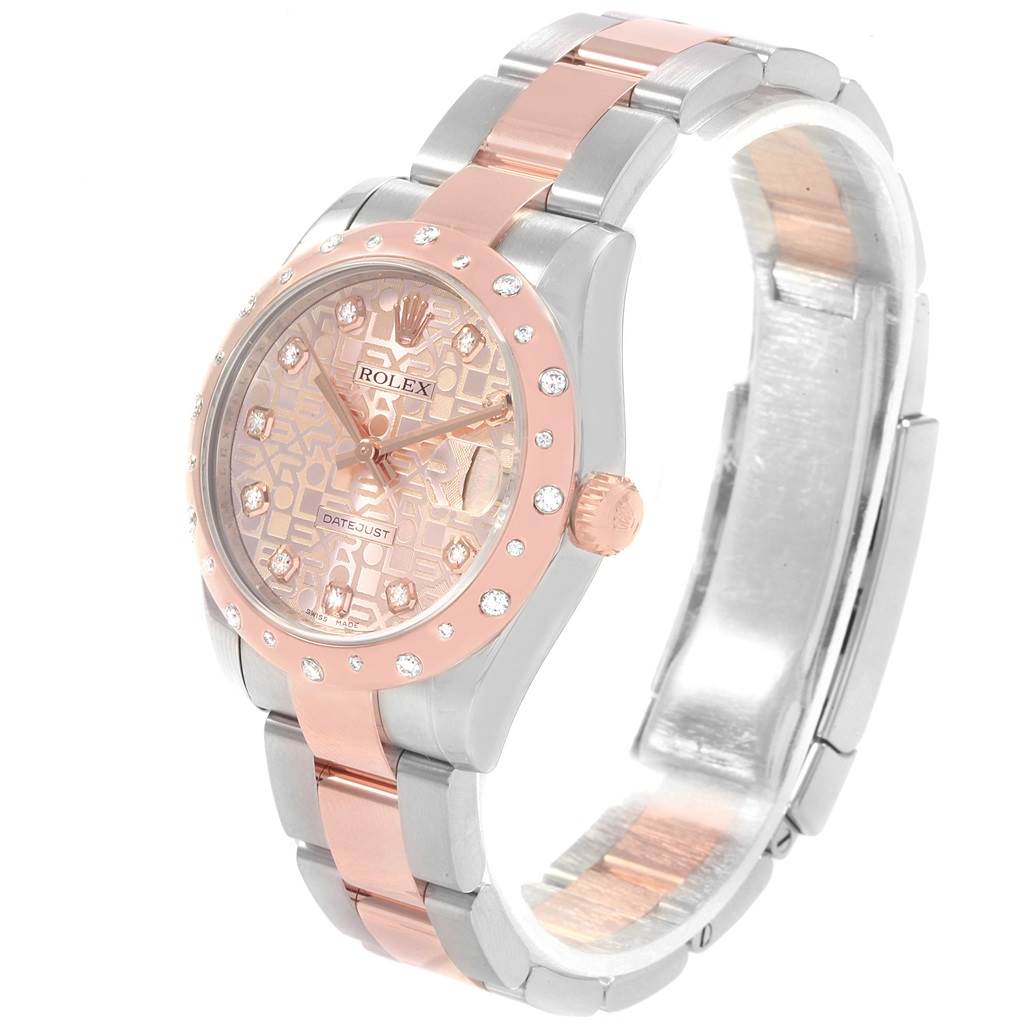 This image displays a Rolex Mid-Size 178341 Women's Steel and Gold (two tone) Pink Dial 178341 Women's Steel and Gold (two tone) Pink Dial Datejust watch at a slight angle, showing the face, bezel, and bracelet.