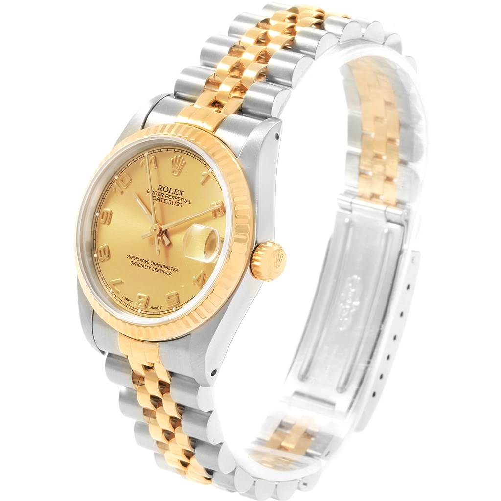 This Rolex Mid-Size 68273 Women's Steel and Gold (two tone) Champagne Dial 68273 Women's Steel and Gold (two tone) Champagne Dial Datejust watch is shown at a three-quarter angle, highlighting the dial, bezel, crown, and bracelet.