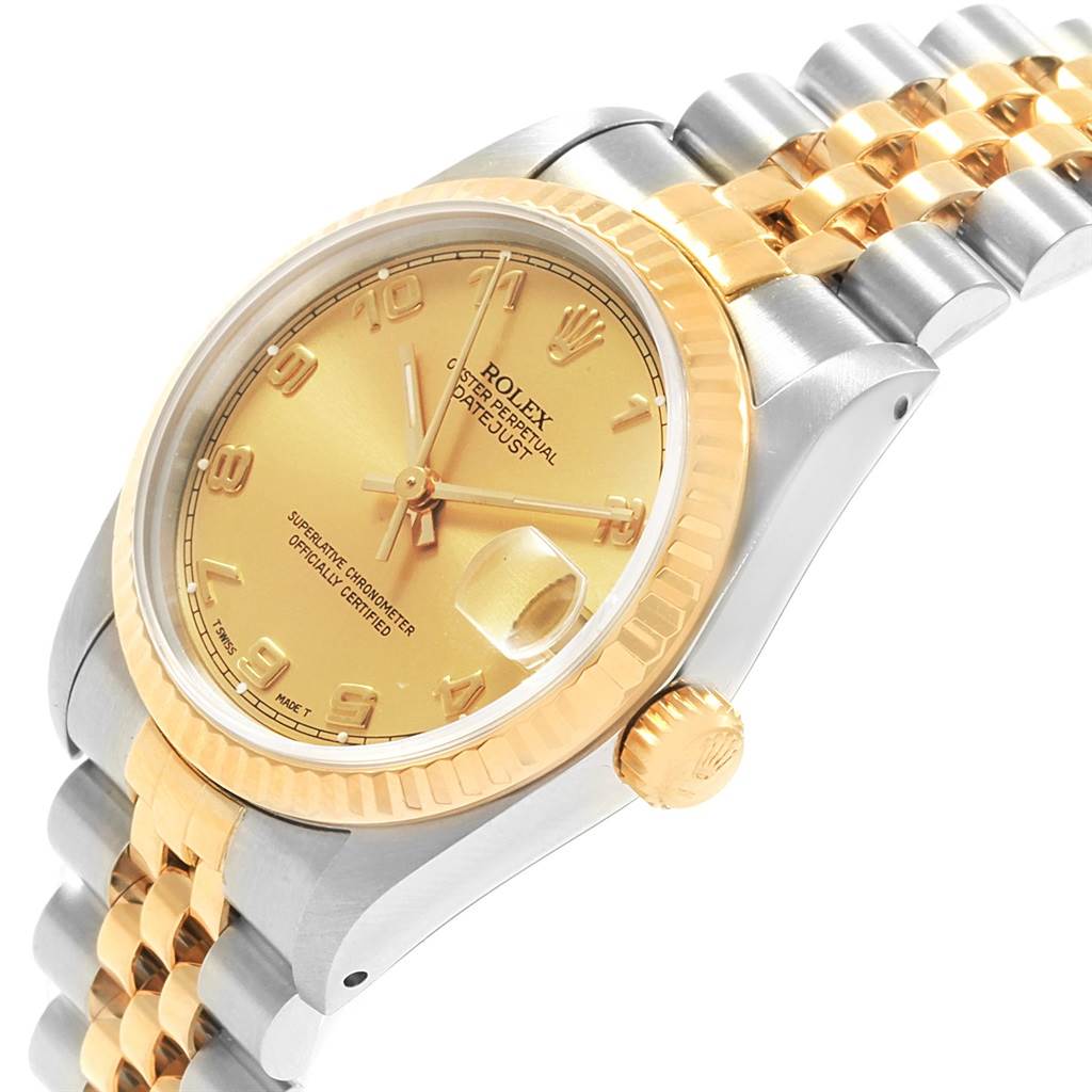 The Rolex Mid-Size 68273 Women's Steel and Gold (two tone) Champagne Dial 68273 Women's Steel and Gold (two tone) Champagne Dial model watch is shown from a three-quarter angle, focusing on the dial, bezel, and part of the bracelet.