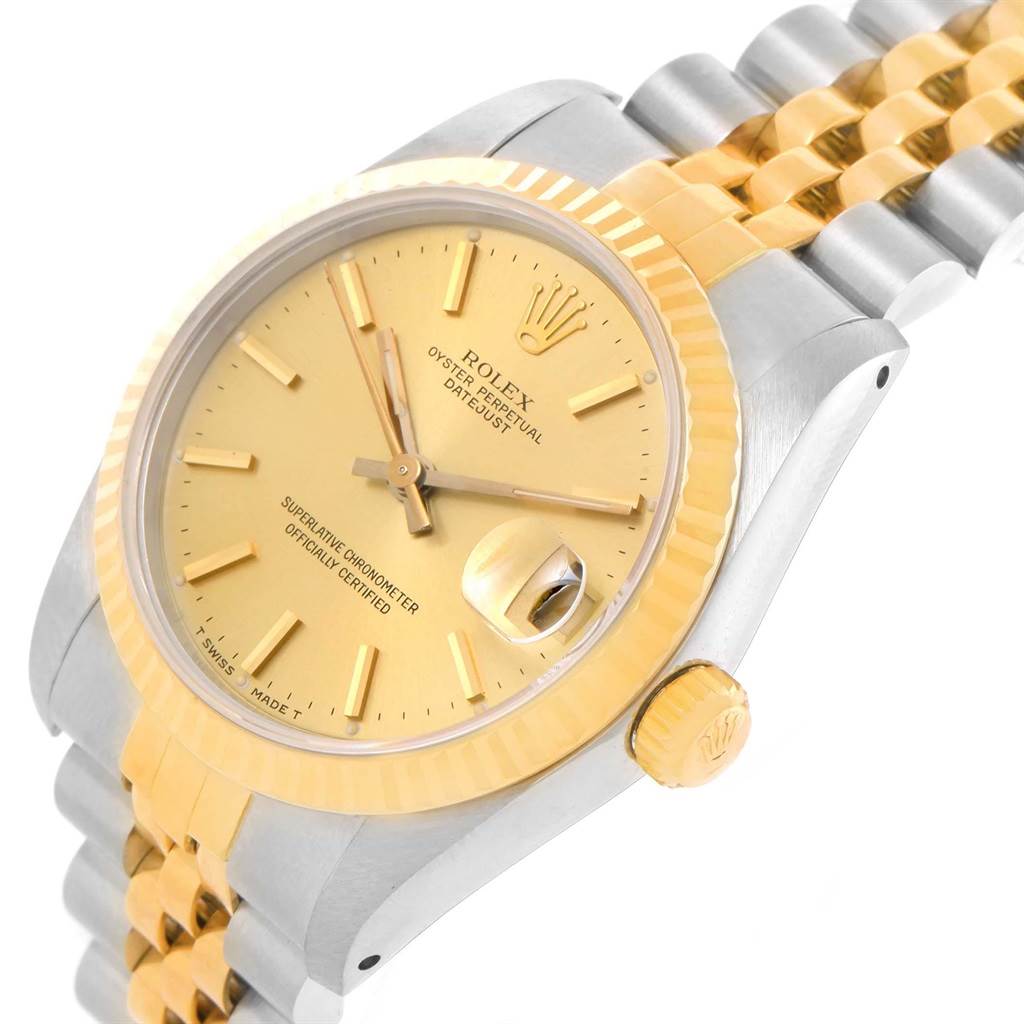 The image shows a Rolex Oyster Perpetual Datejust Mid-Size watch at a slight angle, displaying the dial, bezel, crown, and bracelet.