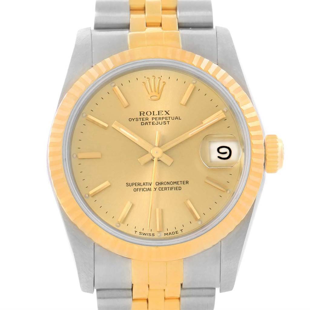 The image shows a front view of a Rolex Oyster Perpetual Datejust Mid-Size watch with a gold-tone dial and two-tone metal bracelet.