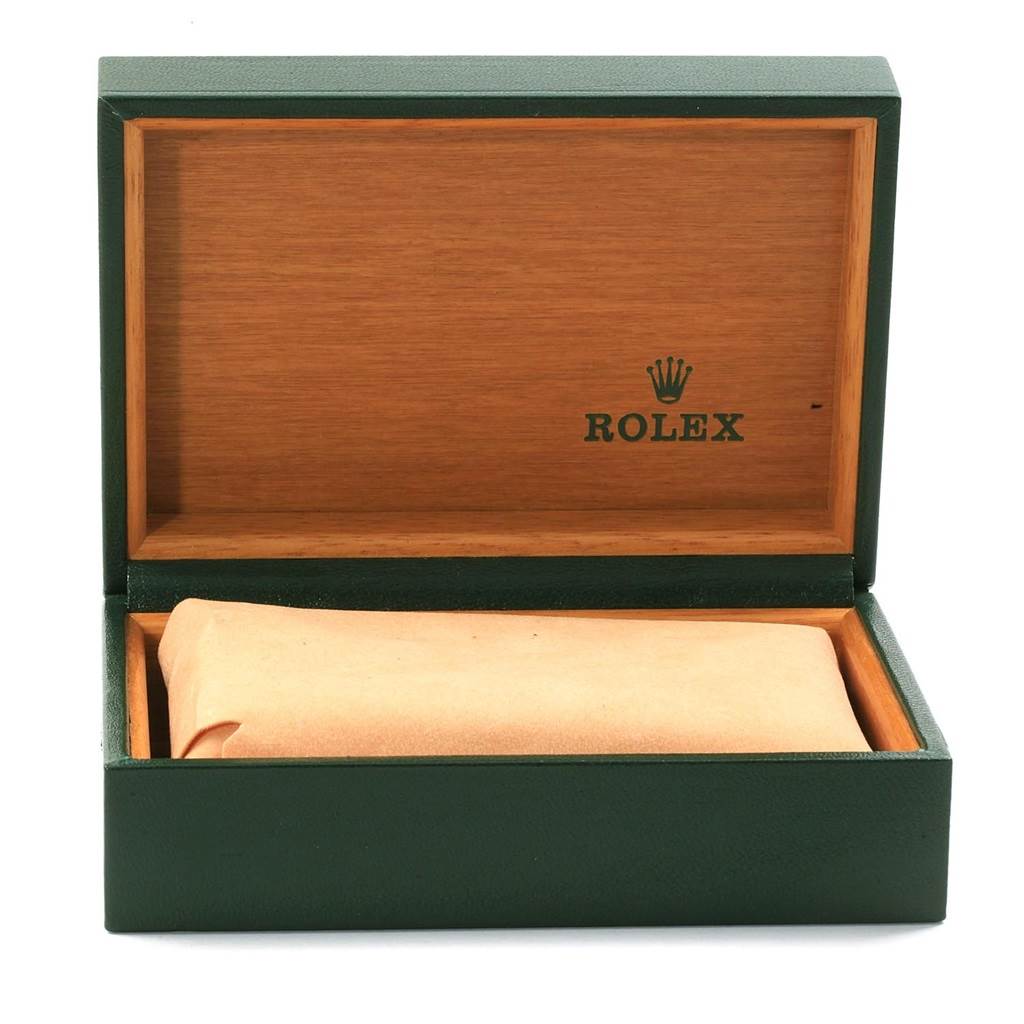 The image shows an empty Rolex Mid-Size 68273 Women's Steel and Gold (two tone) Champagne Dial 68273 Women's Steel and Gold (two tone) Champagne Dial model watch box with its lid open, displaying the interior.