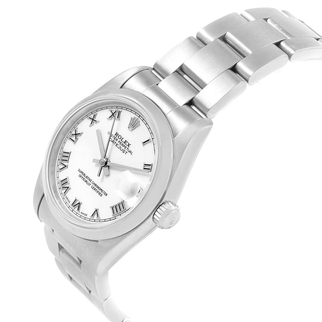 The image shows a Rolex Mid-Size 68240 Women's Stainless Steel White Dial 68240 Women's Stainless Steel White Dial model watch from a diagonal angle, highlighting the dial, case, and bracelet.