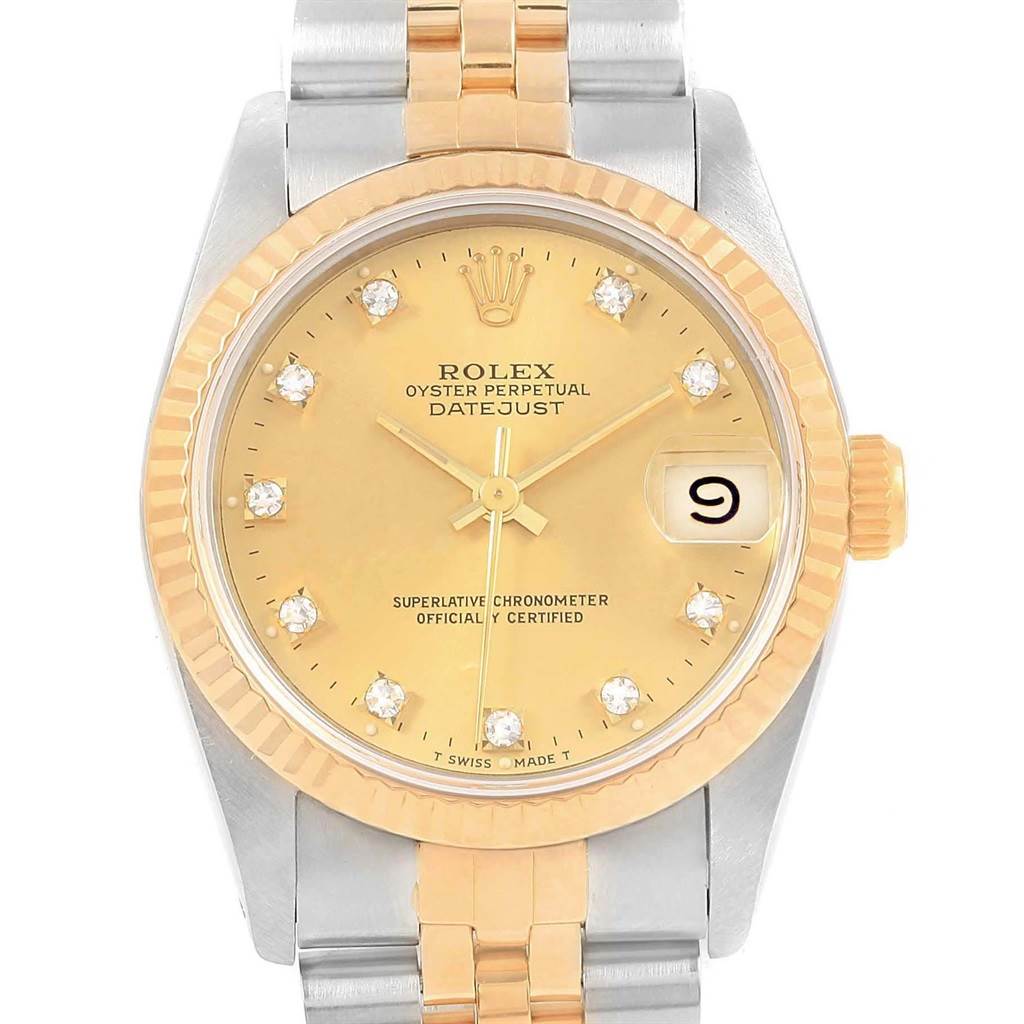 The image shows a frontal view of a mid-size Rolex Datejust watch, highlighting its gold face, diamond hour markers, and two-tone bracelet.