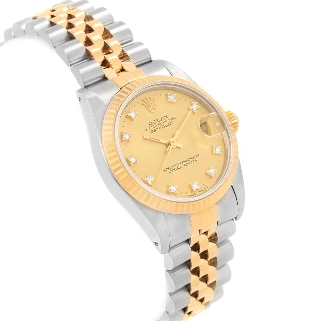 The Rolex Mid-Size 68273 Women's Steel and Gold (two tone) Champagne Dial 68273 Women's Steel and Gold (two tone) Champagne Dial model watch is shown at a front-right angle, highlighting the face, bezel, and bi-color metal bracelet.