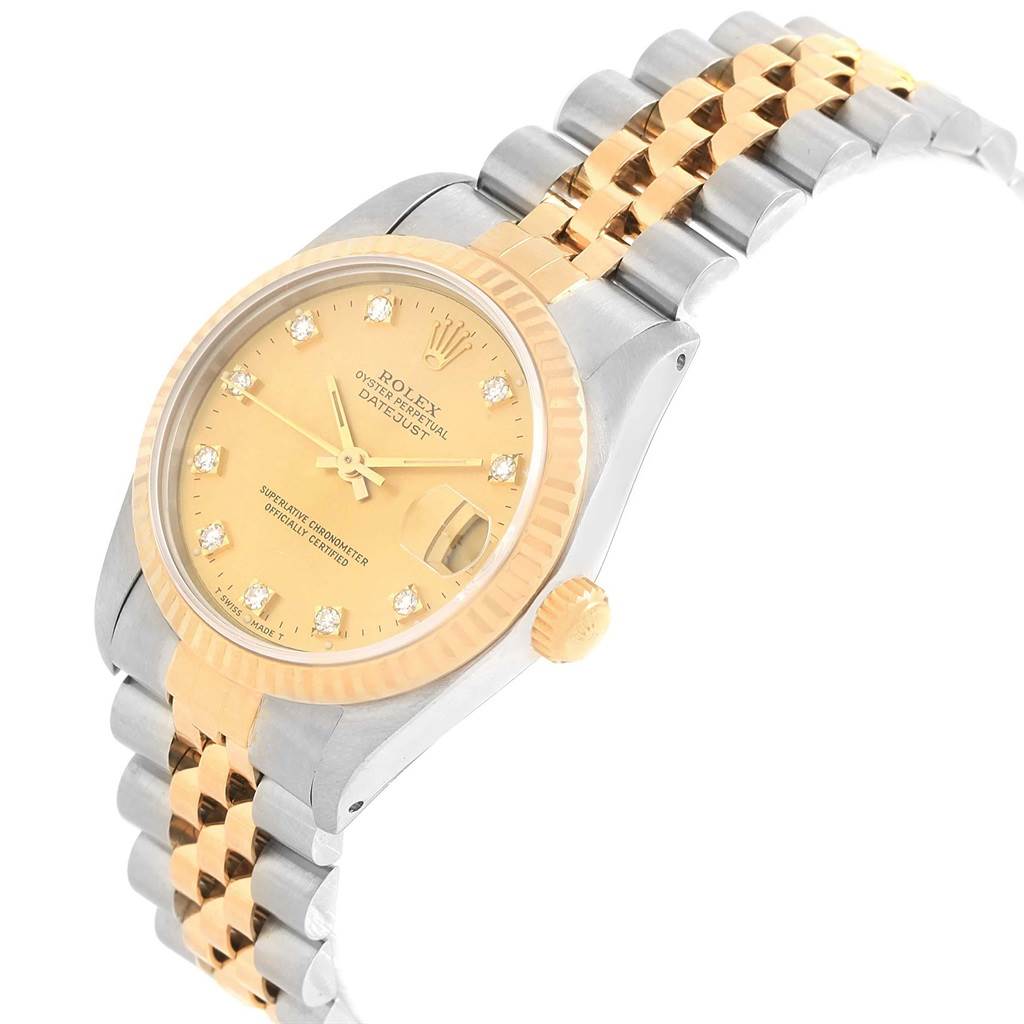 This image shows a Rolex Mid-Size 68273 Women's Steel and Gold (two tone) Champagne Dial 68273 Women's Steel and Gold (two tone) Champagne Dial Datejust watch angled from the front with focus on the dial, bezel, and partially on the bracelet and crown.