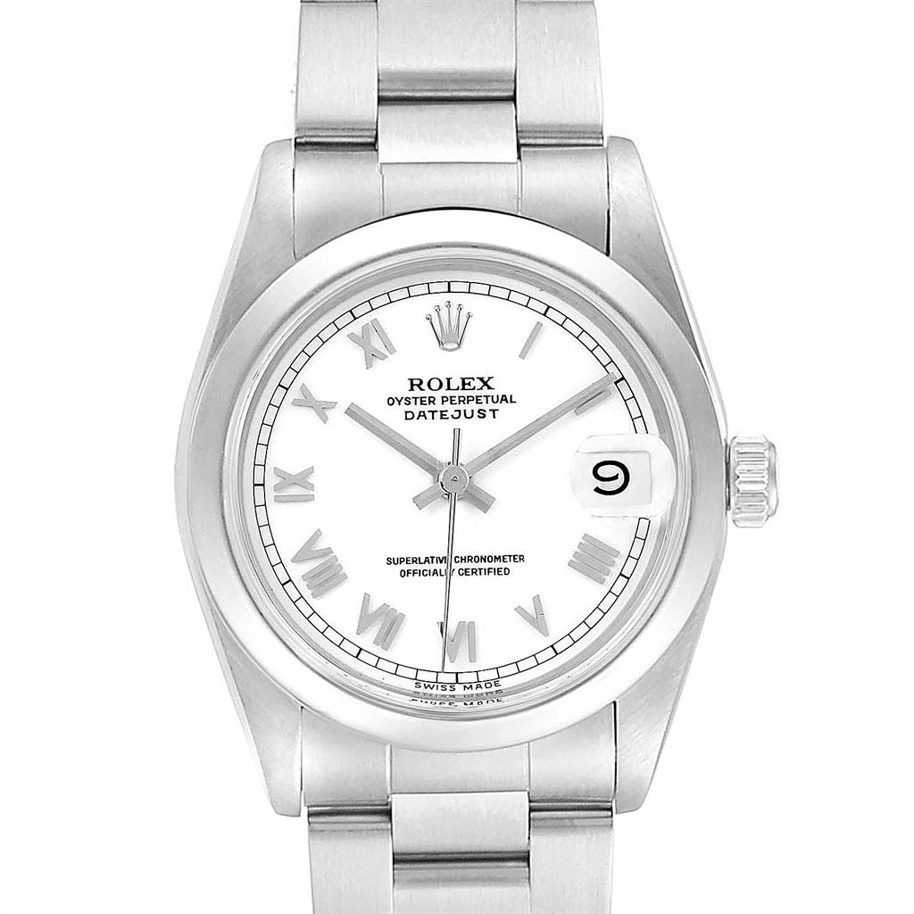 The image shows a front view of the Rolex Mid-Size 68240 Women's Stainless Steel White Dial 68240 Women's Stainless Steel White Dial Oyster Perpetual Datejust watch displaying its dial, hands, bezel, crown, and bracelet.