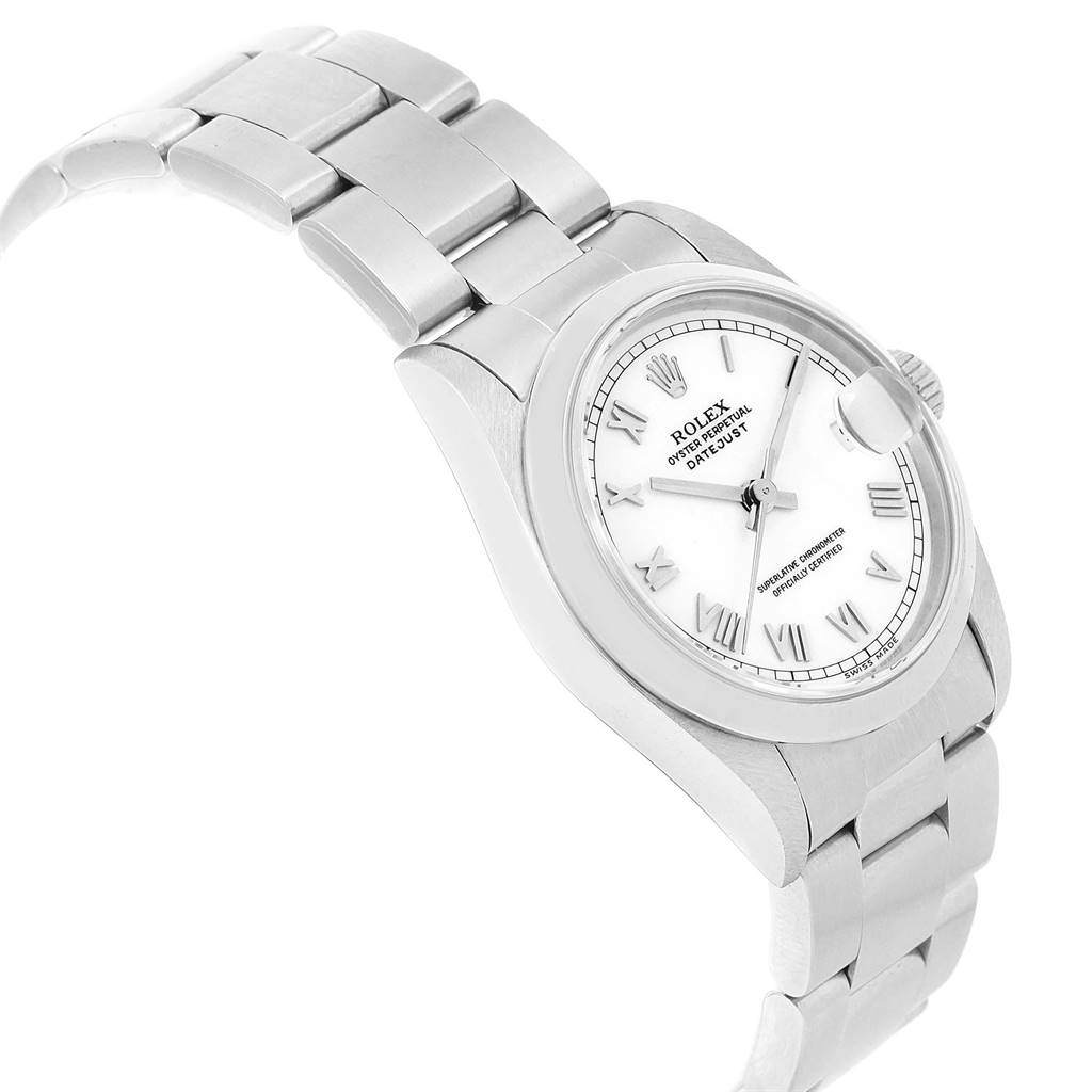 The image shows a side angle of a Rolex Mid-Size 68240 Women's Stainless Steel White Dial 68240 Women's Stainless Steel White Dial Datejust watch, highlighting the bracelet, case, and dial.