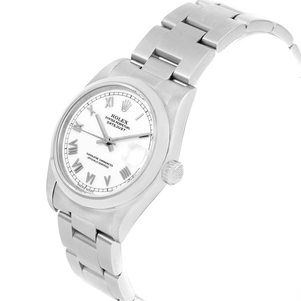 The Rolex Mid-Size 68240 Women's Stainless Steel White Dial 68240 Women's Stainless Steel White Dial model shows the front and right-side crown, with a white dial and silver bracelet.