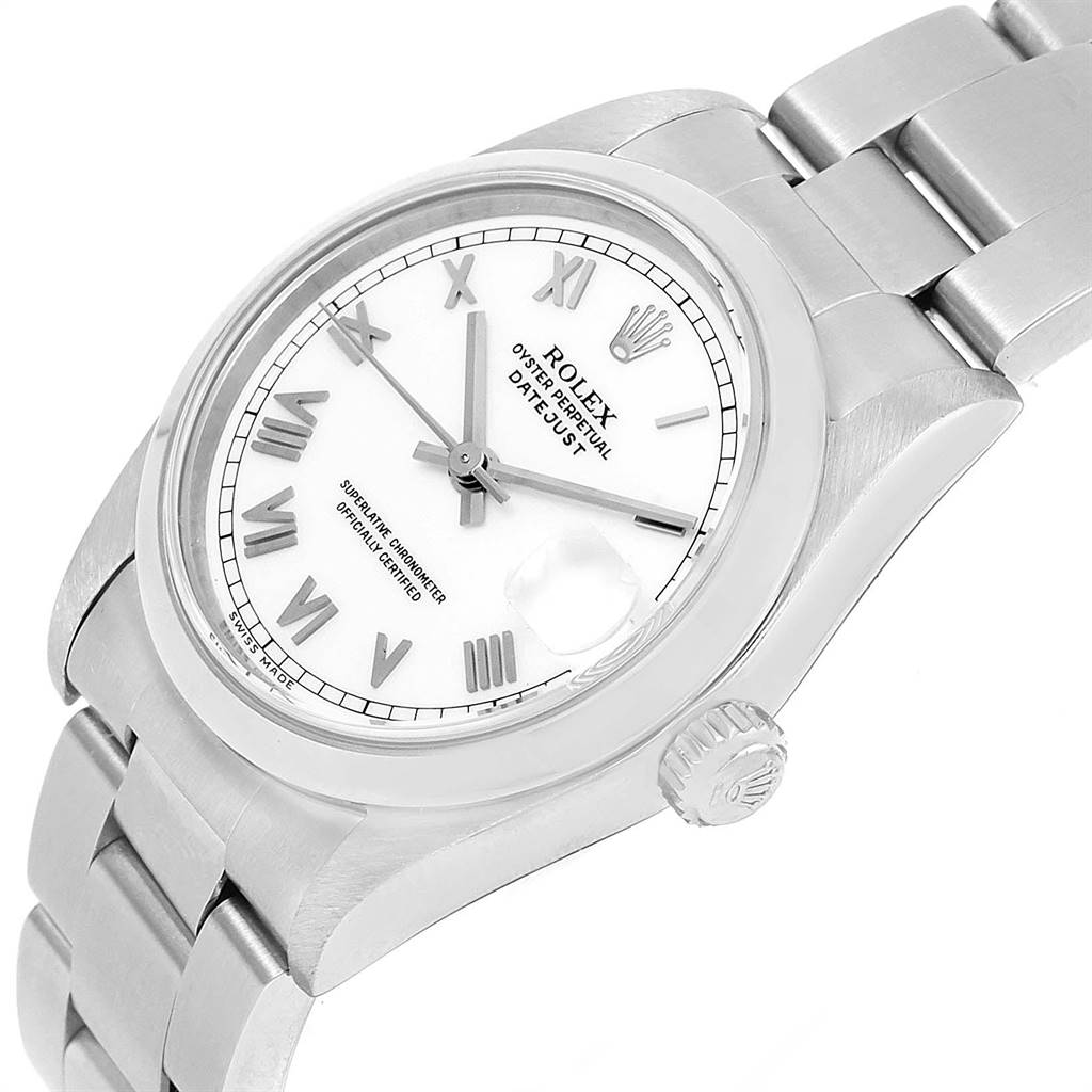 The Rolex Mid-Size 68240 Women's Stainless Steel White Dial 68240 Women's Stainless Steel White Dial Datejust watch is shown at a slight angle highlighting its dial, crown, and bracelet.