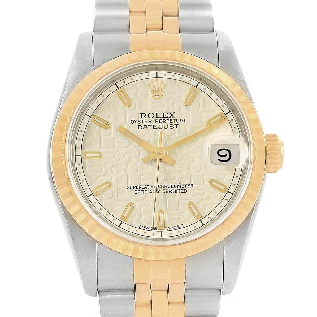 The Rolex Mid-Size 68273 Women
s Steel and Gold (two tone) Beige Dial 68273 Women
s Steel and Gold (two tone) Beige Dial Oyster Perpetual Datejust watch is shown from a front angle displaying its dial, bezel, and bracelet.
