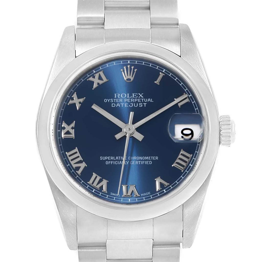 The image shows a front view of a Rolex Mid-Size 78240 Women's Stainless Steel Blue Dial 78240 Women's Stainless Steel Blue Dial Datejust watch, featuring a blue dial with Roman numerals and a date window at 3 o'clock.