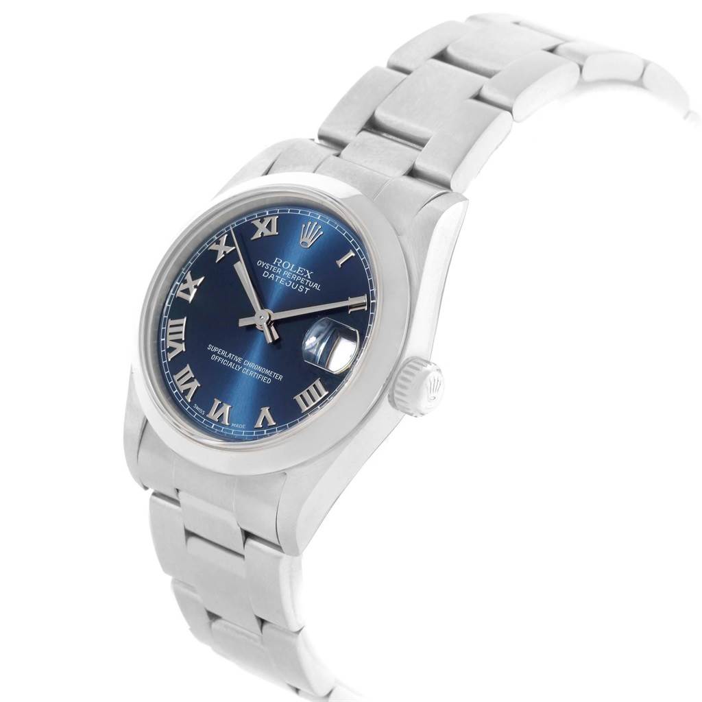 The image shows a Rolex Mid-Size 78240 Women's Stainless Steel Blue Dial 78240 Women's Stainless Steel Blue Dial watch, front view, highlighting its blue dial, Roman numerals, and metal bracelet.