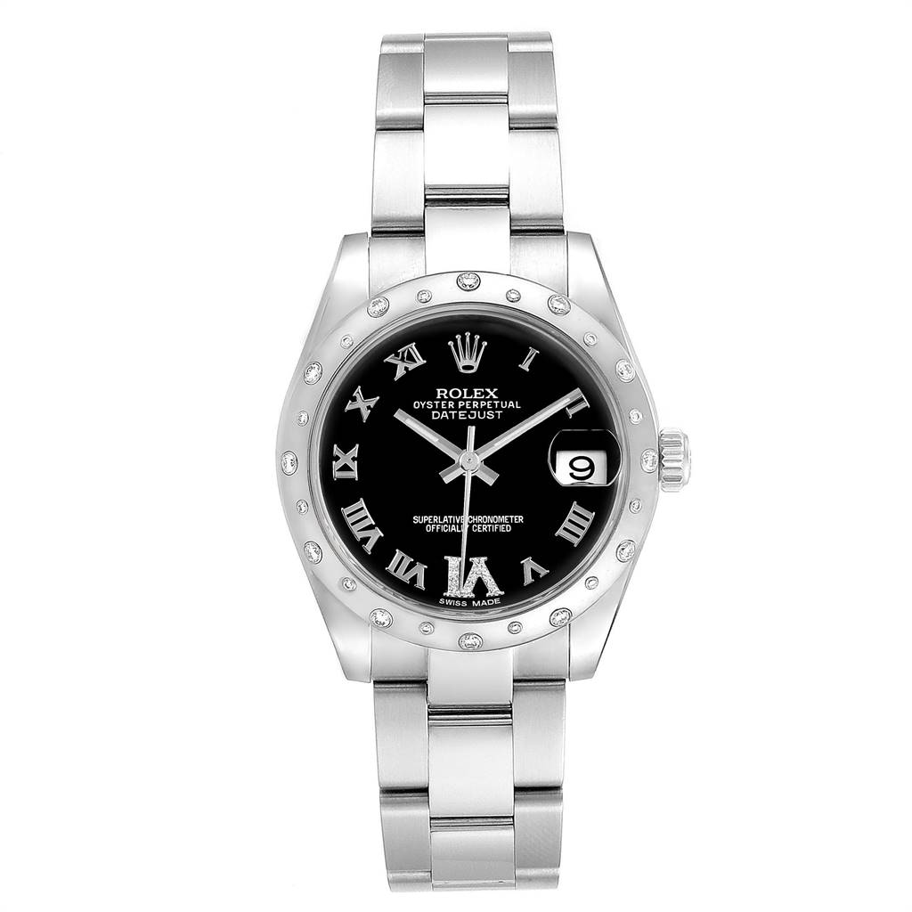 This image shows a front view of a mid-size Rolex Oyster Perpetual Datejust watch featuring a black dial and stainless steel bracelet.