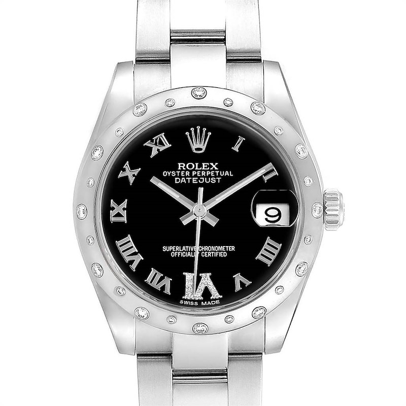 Rolex Datejust 31 Midsize Black Dial Steel Diamond Ladies Watch 178344 SwissWatchExpo