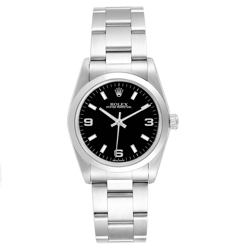This Rolex Oyster Perpetual Mid-Size watch is shown from the front, displaying the stainless steel bracelet and black dial.