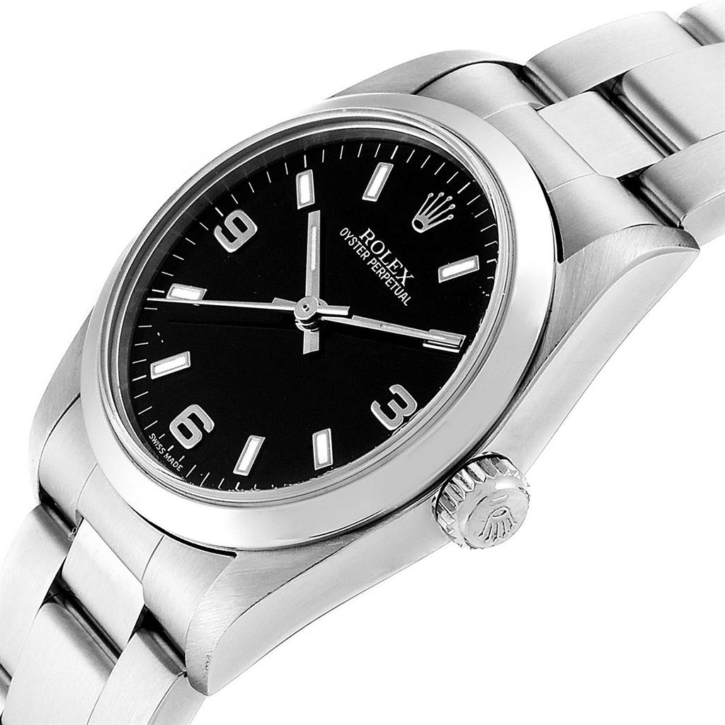 The image shows a side angle of a Mid-Size Rolex Oyster Perpetual watch, highlighting the dial, bezel, crown, and bracelet.