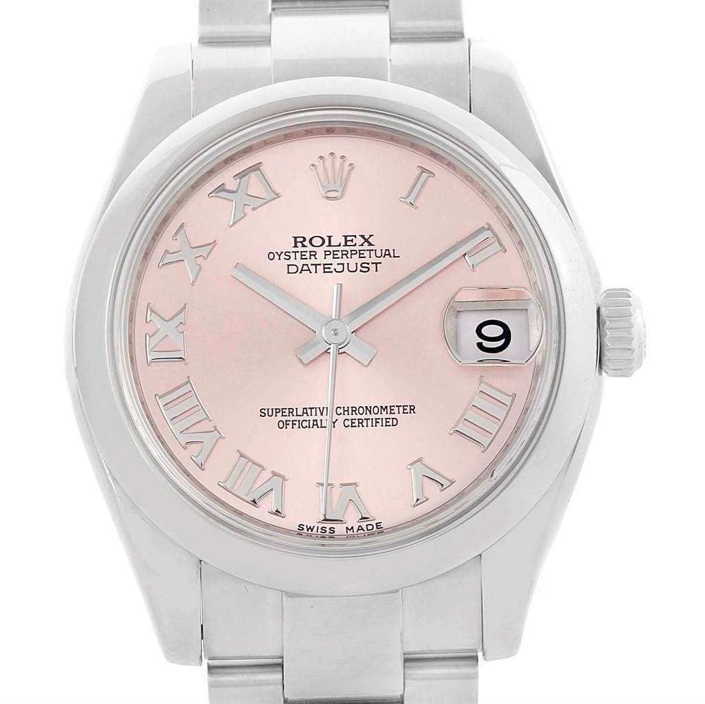 This image shows a front view of a Rolex Mid-Size 178240 Women's Stainless Steel Pink Dial 178240 Women's Stainless Steel Pink Dial Oyster Perpetual Datejust watch with a pink dial and Roman numerals.