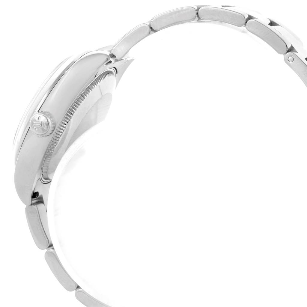 The image shows a side profile of the mid-size Rolex watch, highlighting its crown and part of the bracelet.