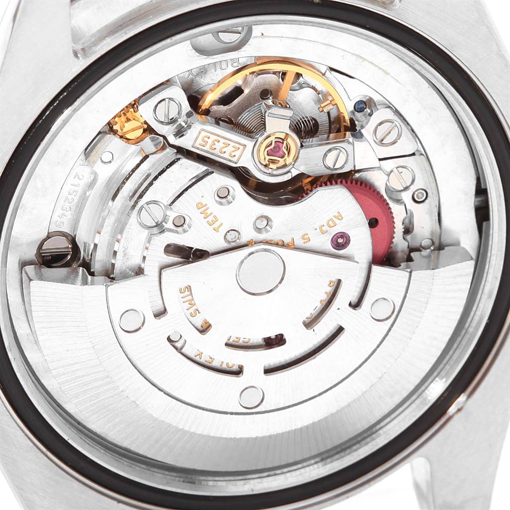 This image shows the internal movement of a Rolex Mid-Size 178240 Women's Stainless Steel Pink Dial 178240 Women's Stainless Steel Pink Dial model watch from a rear view angle with the case back removed.