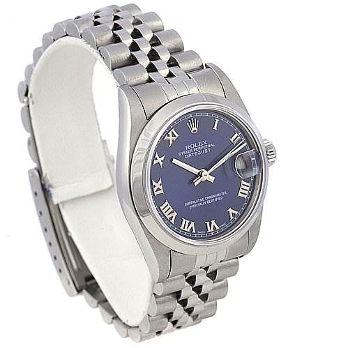 This image shows a Rolex Mid-Size 78240 Women's Stainless Steel Blue Dial 78240 Women's Stainless Steel Blue Dial Datejust watch angled to display the face, bezel, and part of the bracelet.
