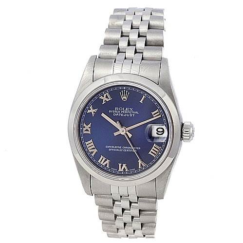 The image shows a front view of a Rolex Mid-Size 78240 Women's Stainless Steel Blue Dial 78240 Women's Stainless Steel Blue Dial model watch, displaying its face, dial, bracelet, and crown.