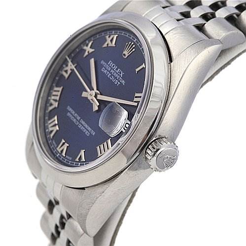 This image shows the Rolex Mid-Size 78240 Women's Stainless Steel Blue Dial 78240 Women's Stainless Steel Blue Dial watch from a side angle, highlighting the dial, crown, and part of the bracelet.