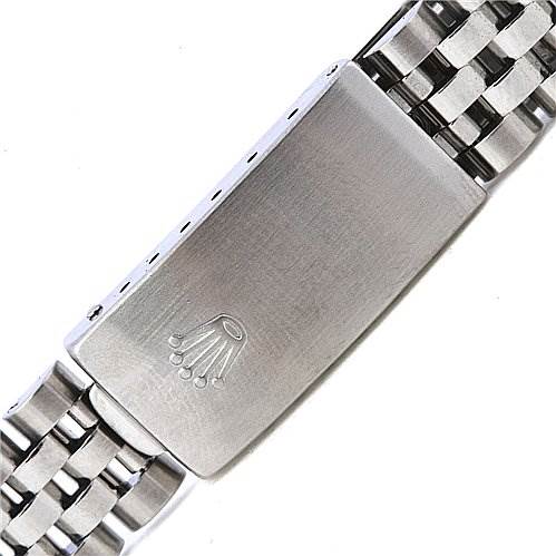 This image shows the clasp and bracelet of a Rolex Mid-Size 78240 Women's Stainless Steel Blue Dial 78240 Women's Stainless Steel Blue Dial watch from a top-down angle.