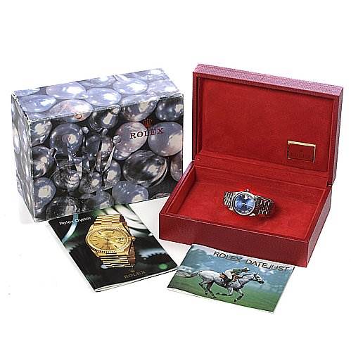 The image shows a Mid-Size Rolex watch in a red box, along with the outer packaging and accompanying booklets.