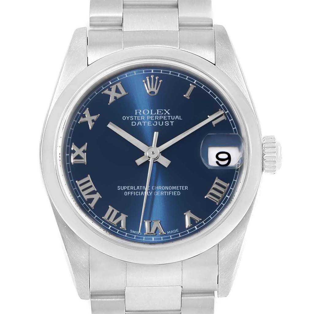 This image shows a front view of the Rolex Mid-Size 78240 Women's Stainless Steel Blue Dial 78240 Women's Stainless Steel Blue Dial Oyster Perpetual Datejust, displaying its dial, hands, and bracelet.
