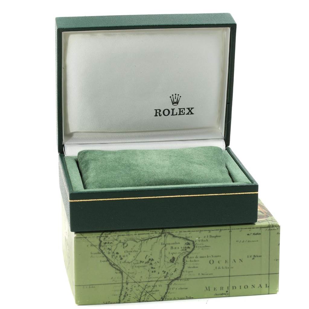 The image shows an open green Rolex box for a Mid-Size model watch, displaying the cushion and interior.