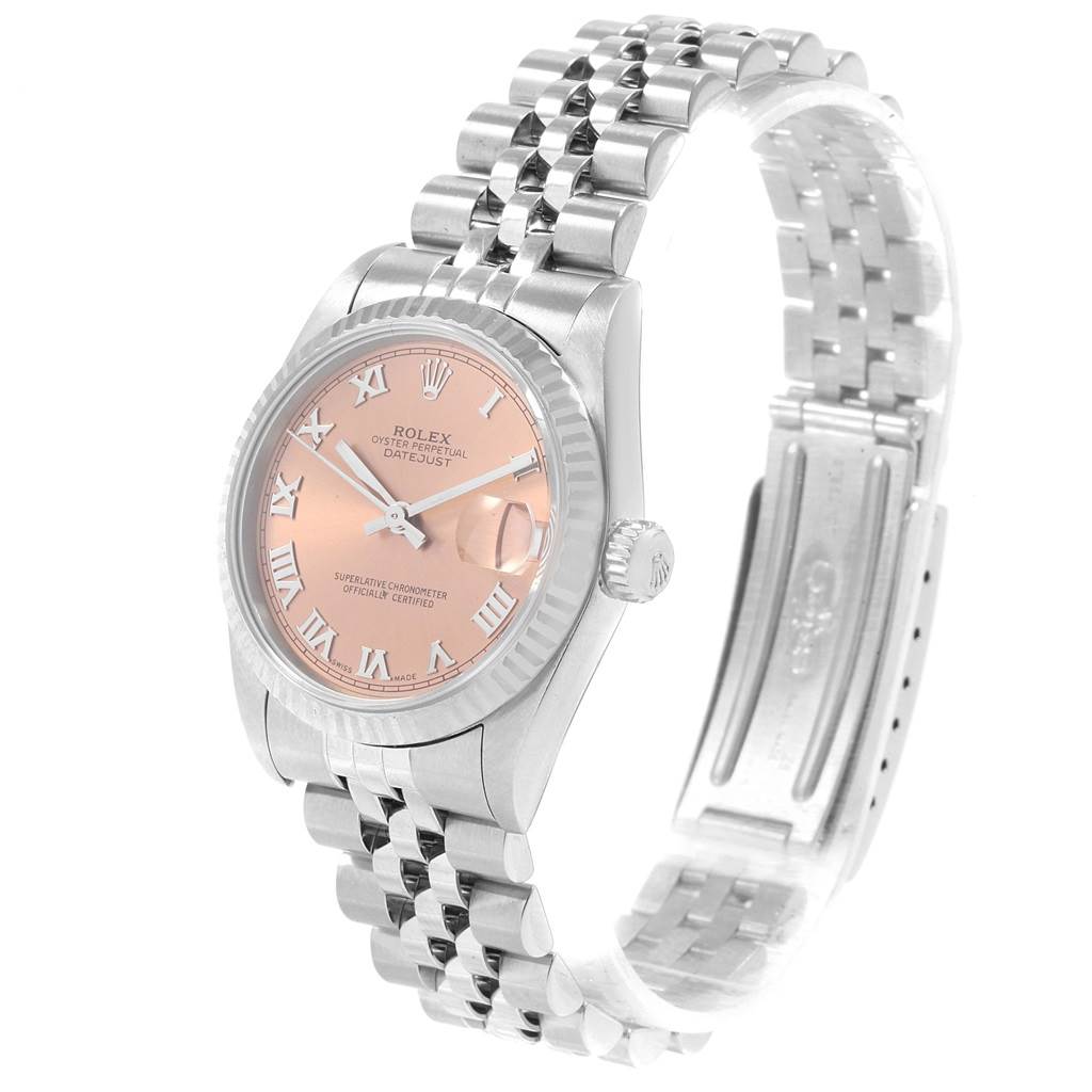The image shows a Rolex Mid-Size 78274 Women's Stainless Steel Pink Dial 78274 Women's Stainless Steel Pink Dial Datejust watch at a three-quarter angle, highlighting the dial, bezel, crown, and bracelet.