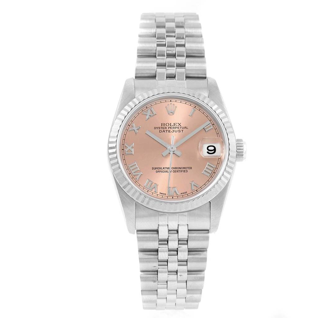 The image shows a frontal view of a Mid-Size Rolex Oyster Perpetual Datejust watch, displaying its dial, bezel, and bracelet.