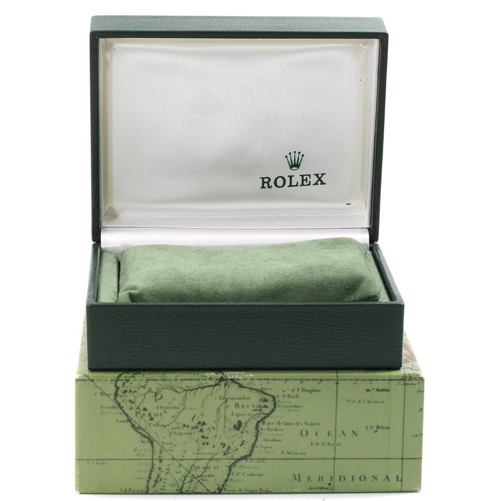 The image shows an open green Rolex watch box with a cushioned interior for a Mid-Size Rolex model.