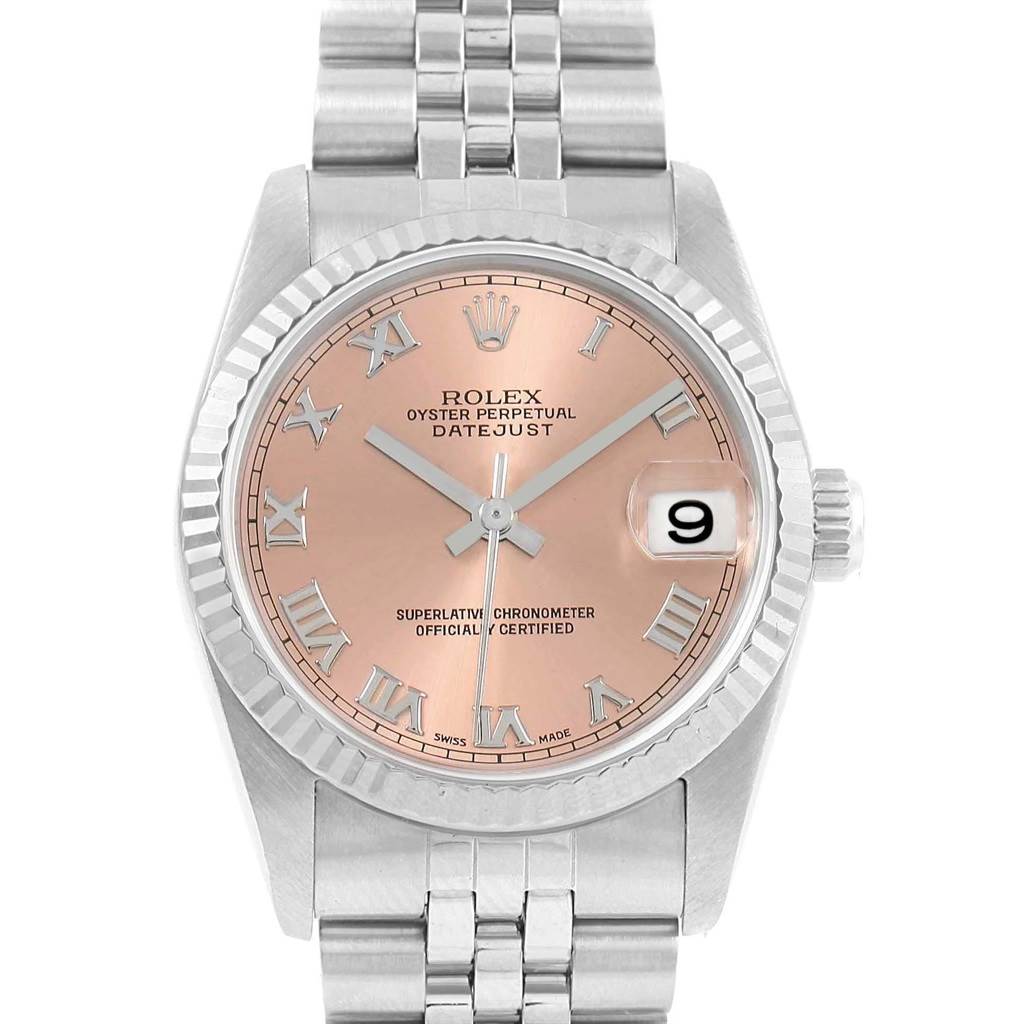 The image shows a Rolex Mid-Size 78274 Women's Stainless Steel Pink Dial 78274 Women's Stainless Steel Pink Dial Oyster Perpetual Datejust watch, displaying the face and a portion of the bracelet.