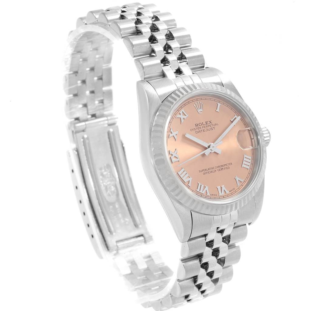 The image shows a Rolex Mid-Size 78274 Women's Stainless Steel Pink Dial 78274 Women's Stainless Steel Pink Dial Oyster Perpetual Datejust watch at an angle highlighting the bracelet, case, bezel, and face.