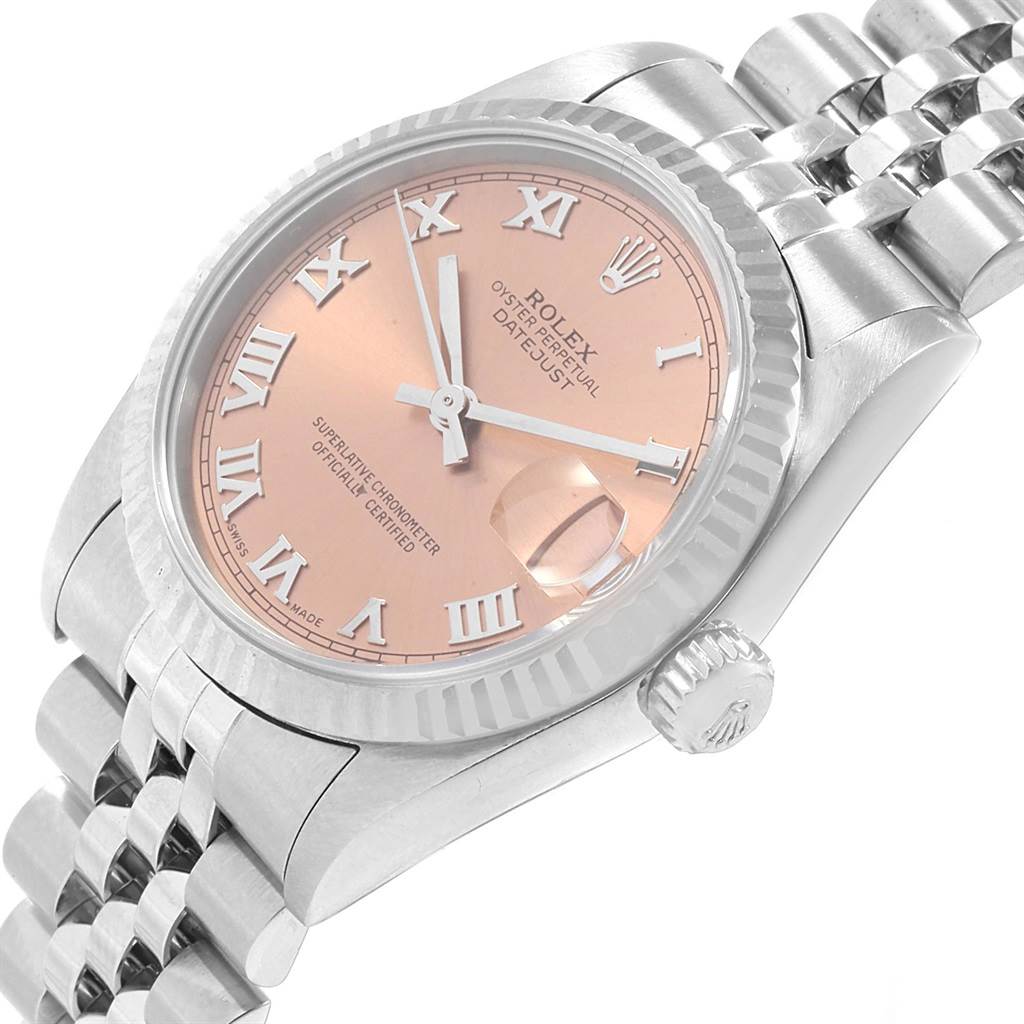 The image shows a side angle of the Rolex Mid-Size 78274 Women's Stainless Steel Pink Dial 78274 Women's Stainless Steel Pink Dial Oyster Perpetual Datejust, highlighting the face, bezel, crown, and part of the bracelet.