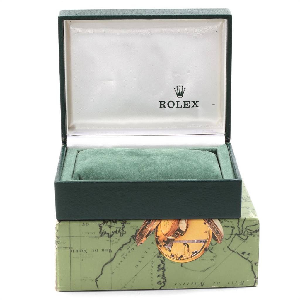 This image shows an open green Rolex box for the Mid-Size model, with a cushion inside and a decorative outer box.
